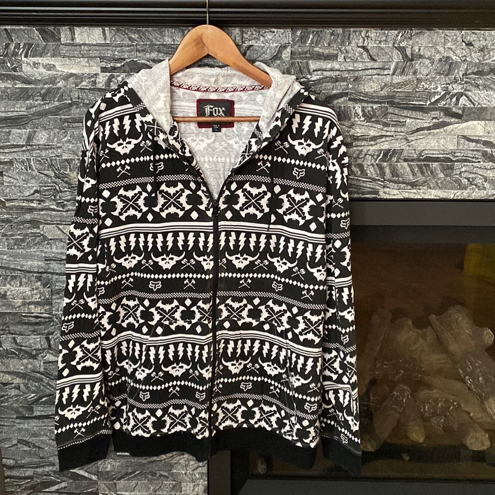 Fox Lightweight Full Zip Hoodie, Black and White Aztec Style Print